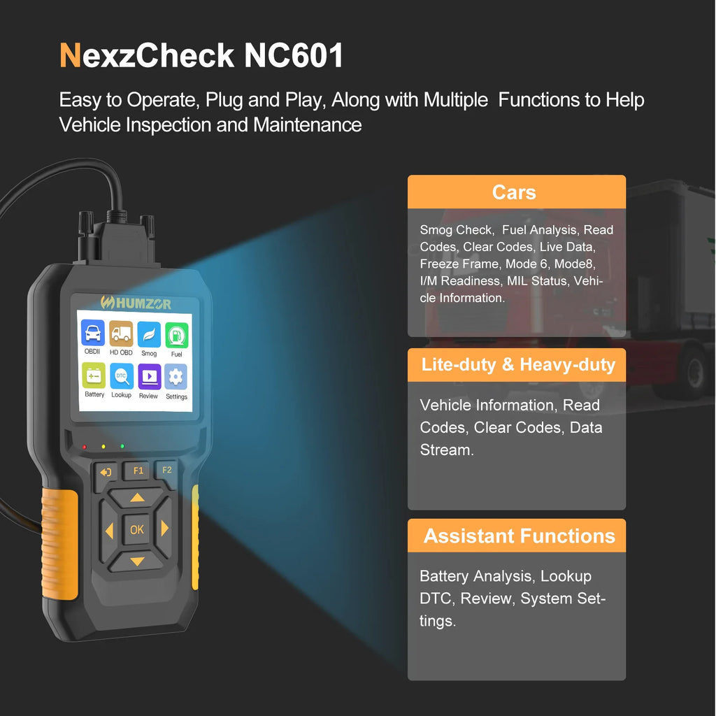 HUMZOR NC601 12V/24V Heavy Duty Truck OBD2 Scanner Car Diagnostic Tool Car Check Engine Code Reader Fuel Analysis Battery Test