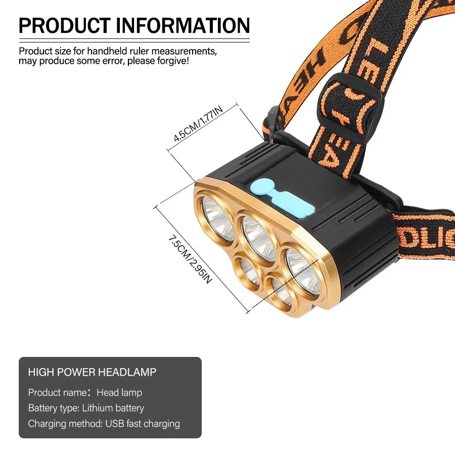 5 LED Strong Light Headlamp Built in 18650 Battery USB Rechargeable Head Flashlight Outdoor Ultra Bright Fishing Camping Lamp