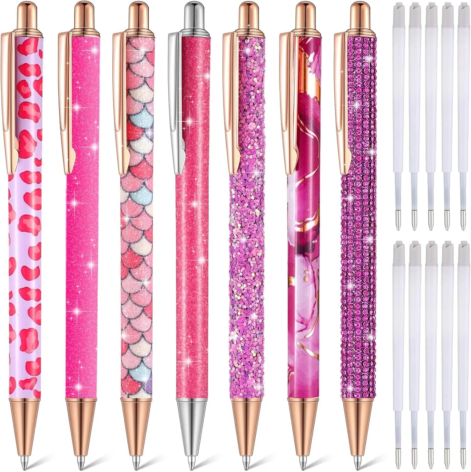7 Pcs Fancy Pens For Women Cute Pens Sparkly Glitter Pens with 10 Pcs Black Ink Refills Pretty Pen Gifts Journaling Pens
