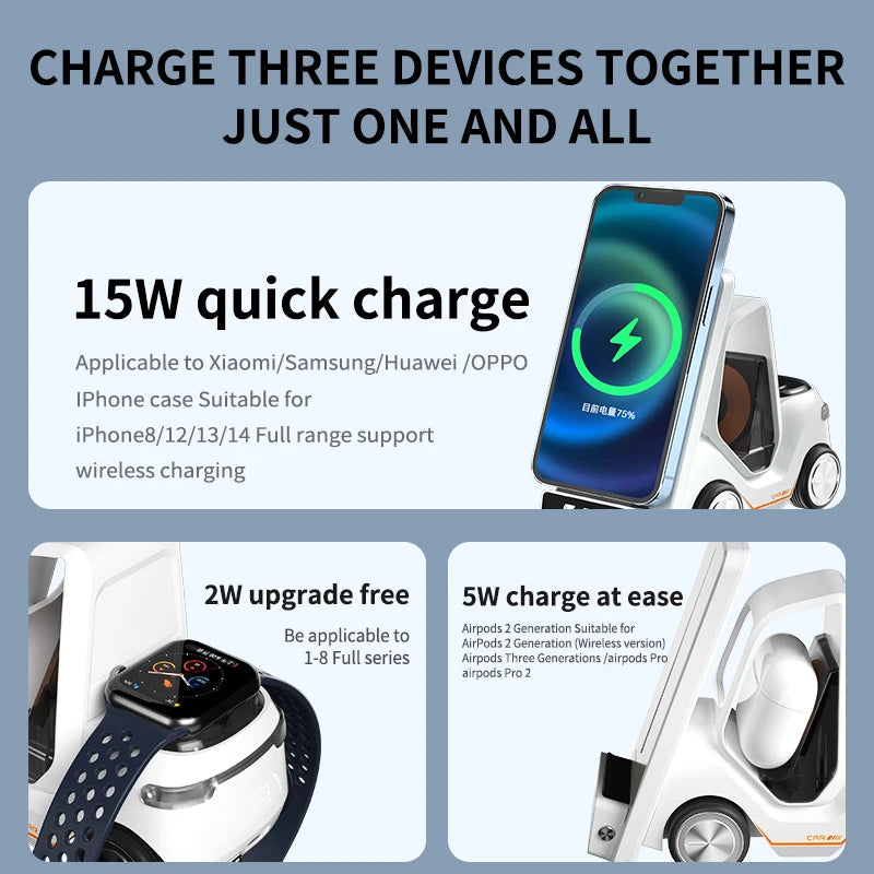 Wireless Charger 4 in 1 Forklift Design Fast Charging Dock with Alarm Clock Time For iPhone/iWatch/AirPods Pro