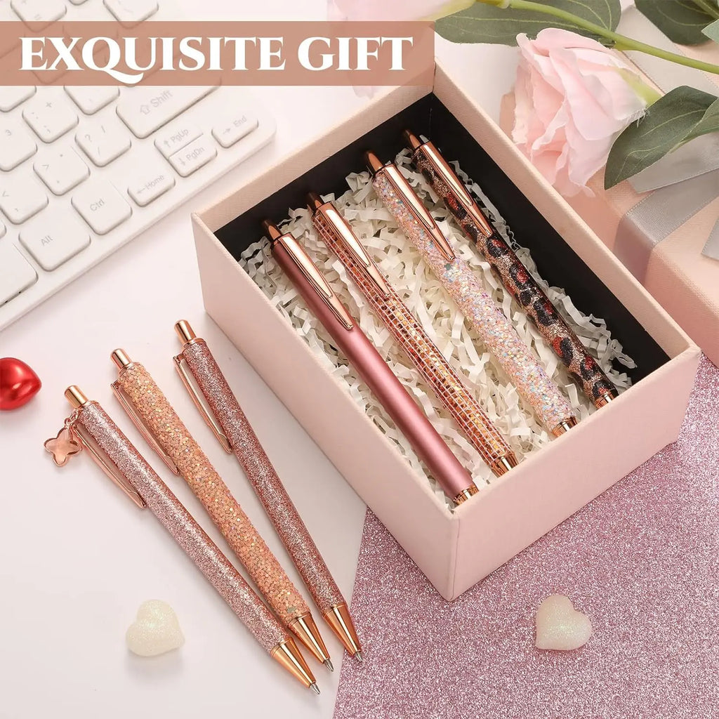 7 Pcs Fancy Pens For Women Cute Pens Sparkly Glitter Pens with 10 Pcs Black Ink Refills Pretty Pen Gifts Journaling Pens