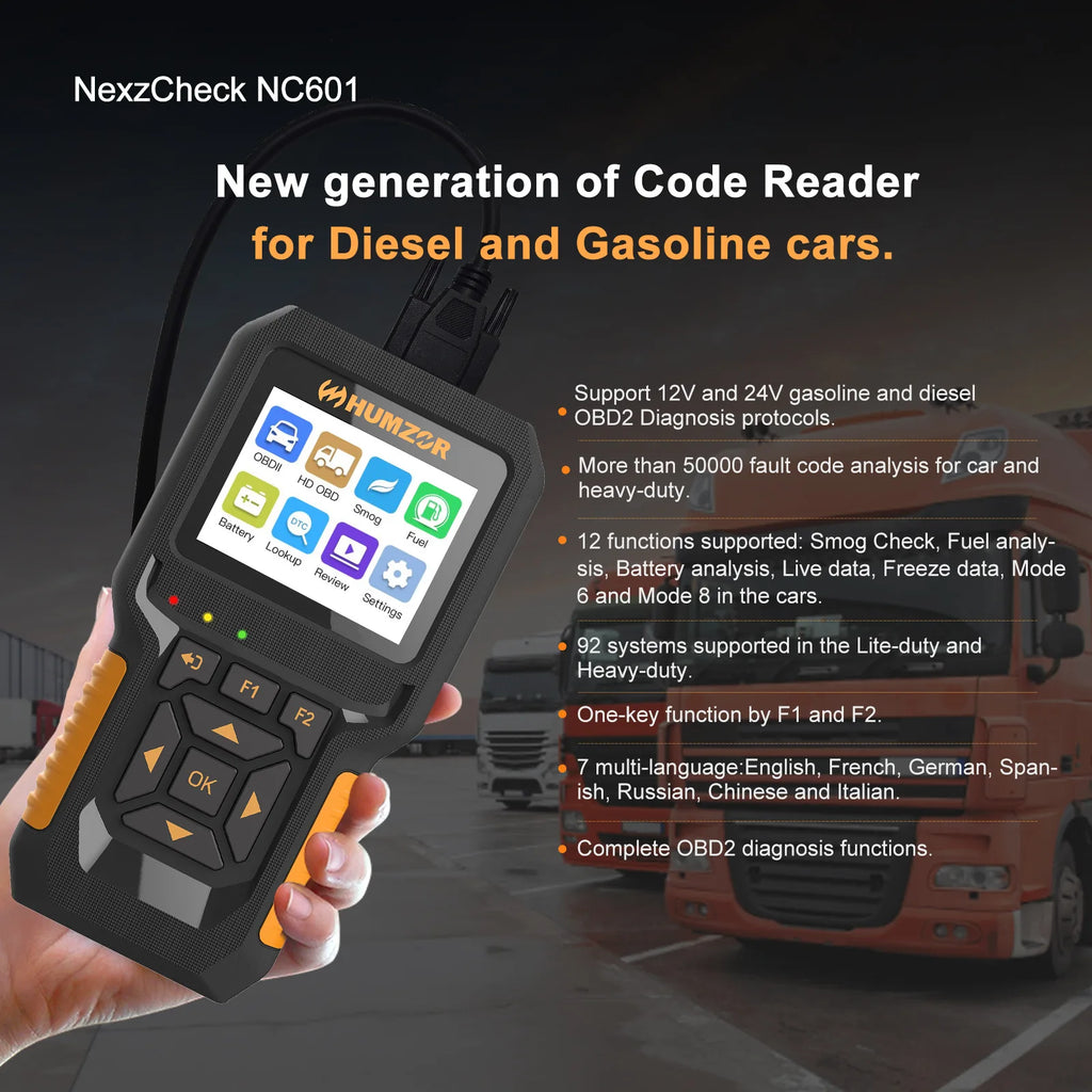 HUMZOR NC601 12V/24V Heavy Duty Truck OBD2 Scanner Car Diagnostic Tool Car Check Engine Code Reader Fuel Analysis Battery Test