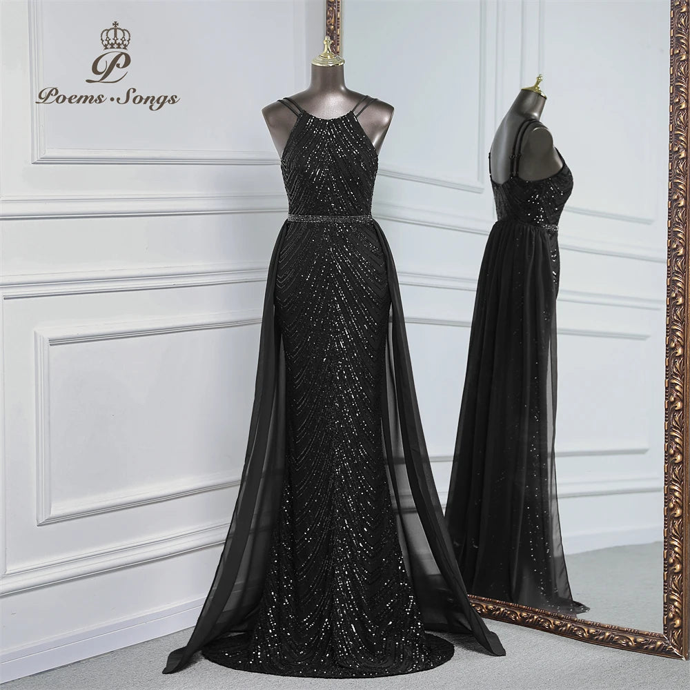luxury sequins mermaid evening dress With Detachable Chiffon Train Prom Dress evening party dresses for women wedding party
