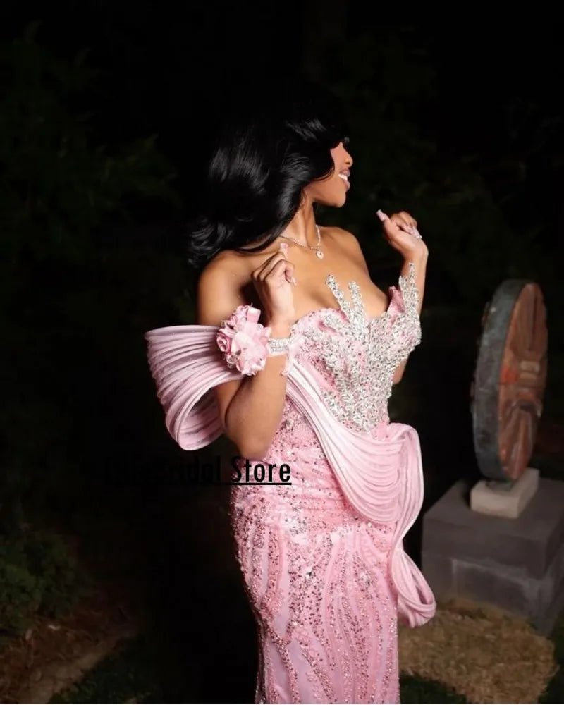 Pink Prom Dresses 2025 For Black Girls Sequin Beading Mermaid Party Gowns Crystal African Women vestidos de festas Customized