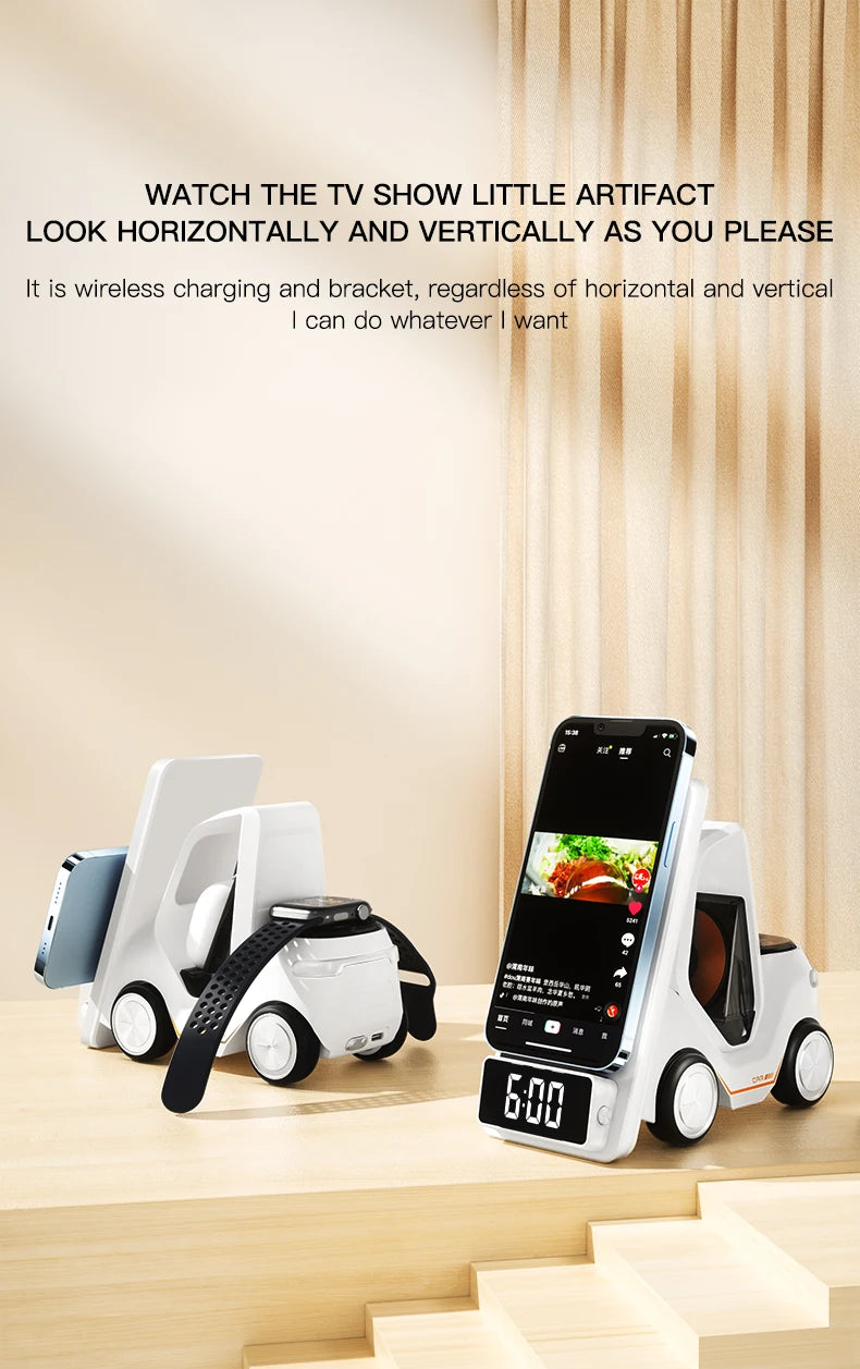 Wireless Charger 4 in 1 Forklift Design Fast Charging Dock with Alarm Clock Time For iPhone/iWatch/AirPods Pro
