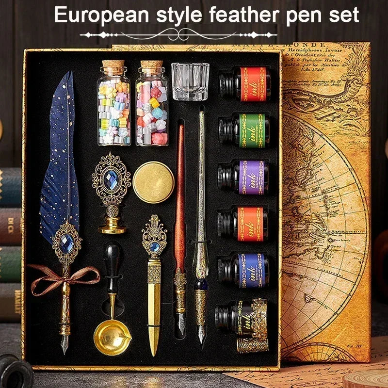 European Style Quill Pens Set with Ink New Retro Dipping Quill Pen Wholesale Lacquer Seal Student Dip Pencil Feather Pen Gifts
