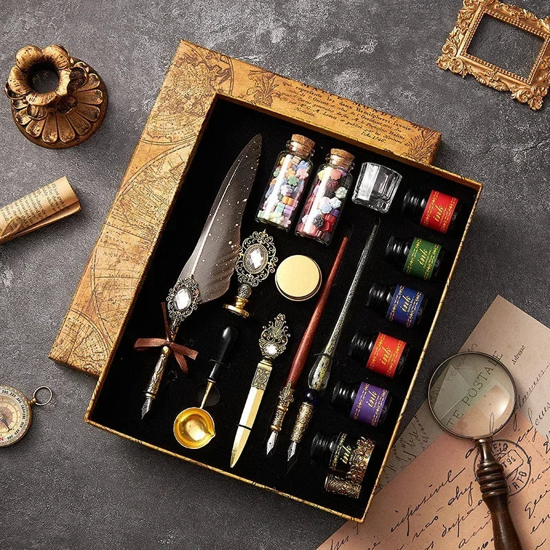 European Style Quill Pens Set with Ink New Retro Dipping Quill Pen Wholesale Lacquer Seal Student Dip Pencil Feather Pen Gifts