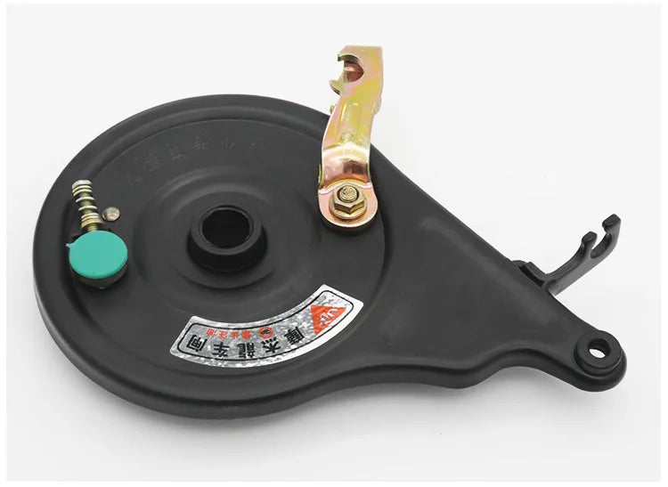 Electric scooter with 110-volt motor and integrated rear brake, electric motorcycle drum brake, tensioning assembly.