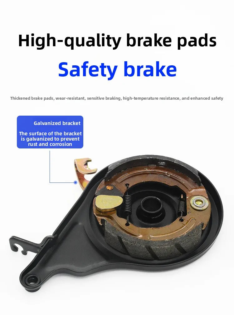 Electric scooter with 110-volt motor and integrated rear brake, electric motorcycle drum brake, tensioning assembly.