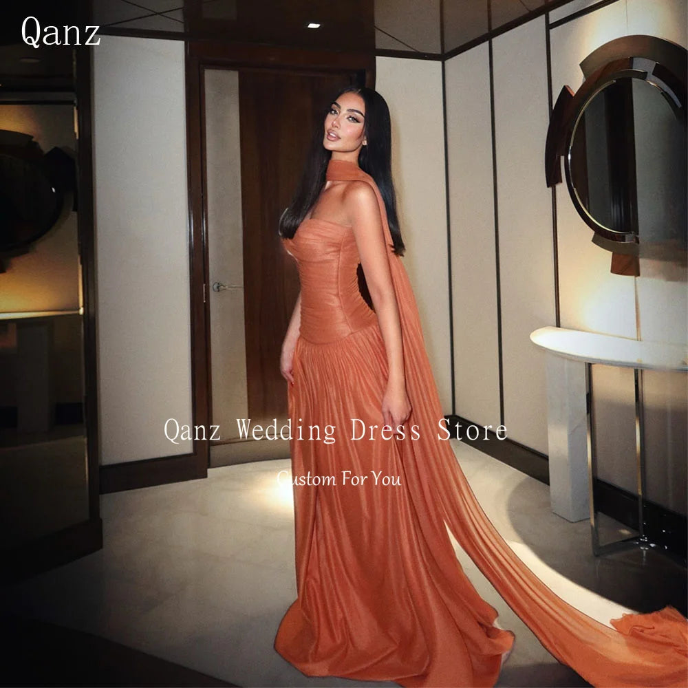 Qanz Burnt Orange Strapless Evening Dresses Women Modest Chiffon Scarf Party Dresses Long A Line Vestidos De Gala Customized