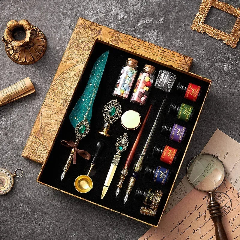 European Style Quill Pens Set with Ink New Retro Dipping Quill Pen Wholesale Lacquer Seal Student Dip Pencil Feather Pen Gifts