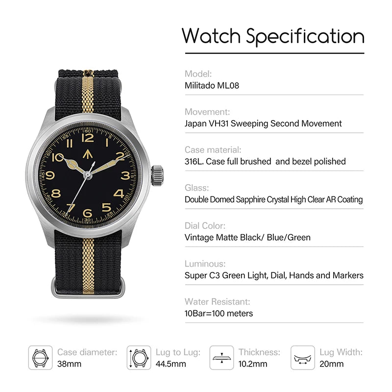 Militado ML08 Military Watch VH31 Quartz Movement Double Domed Sapphire C3 Super Luminous 10Bar Waterproof 38mm Vintage Watches