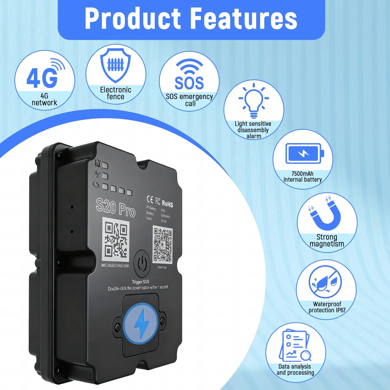 4G GPS Tracker For Vehicle 7500mAh Long Battery Strong Magnetic 4-Star Positioning IP67 Waterproof Multiple Alarms Anti-theft