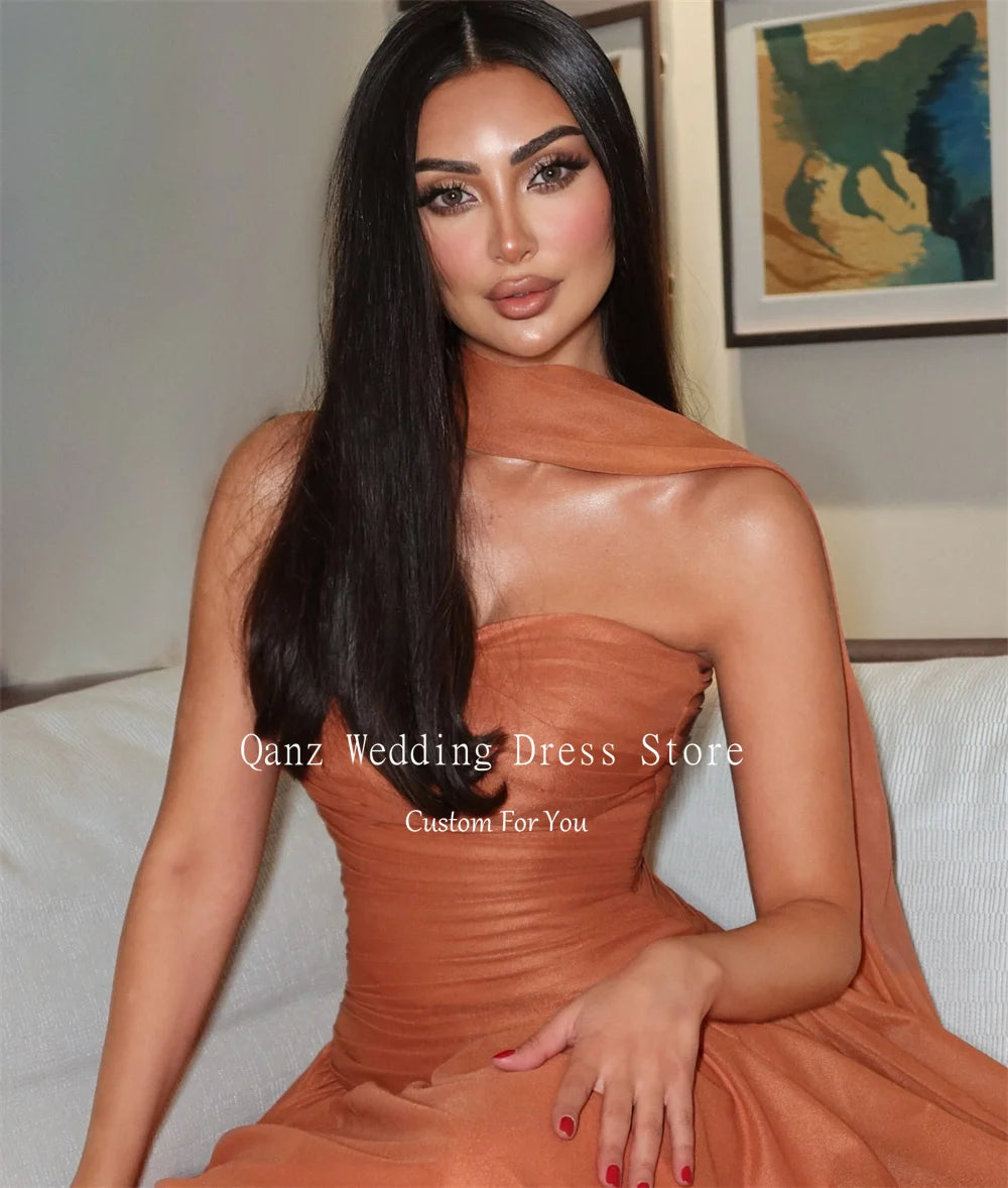 Qanz Burnt Orange Strapless Evening Dresses Women Modest Chiffon Scarf Party Dresses Long A Line Vestidos De Gala Customized
