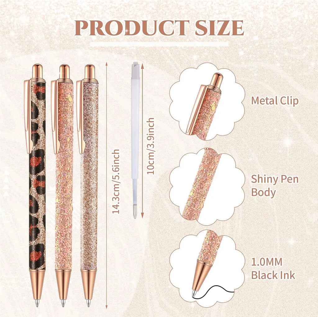 7 Pcs Fancy Pens For Women Cute Pens Sparkly Glitter Pens with 10 Pcs Black Ink Refills Pretty Pen Gifts Journaling Pens