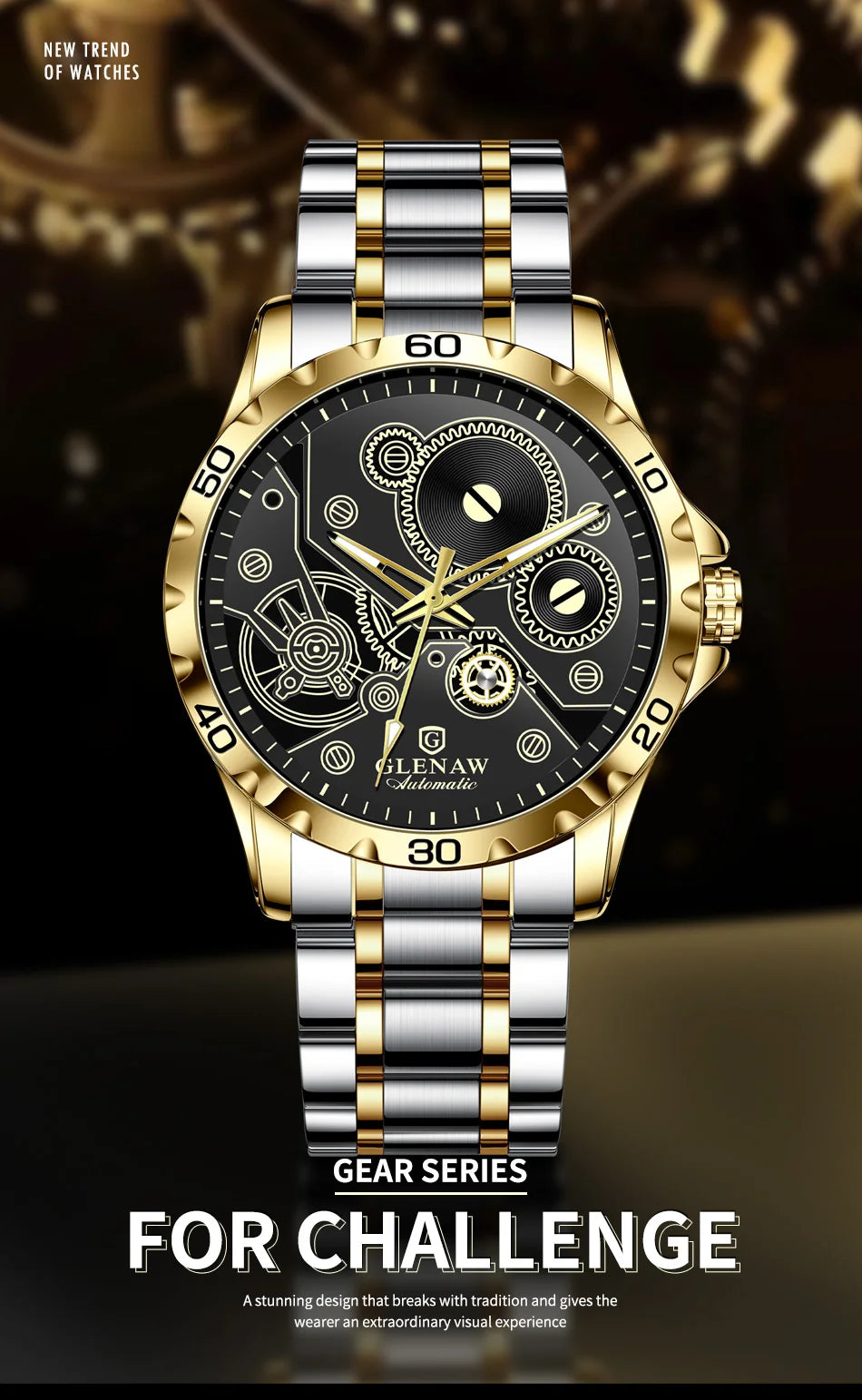 2025 New Glenaw Watches Gear Mechanical All Luminous Design Style Stainless Steel Waterproof Mechanical Watch Men Clock GL8688