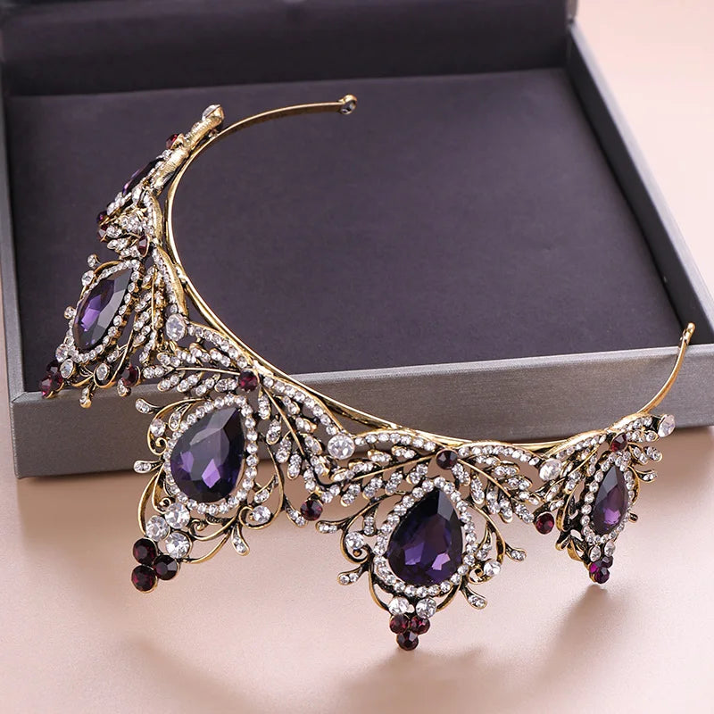Vintage Wedding Hair Accessories Purple Rhinestone Crystal Crown Bridal Headdress Queen Crown Bridal Hair Accessories Jewelry