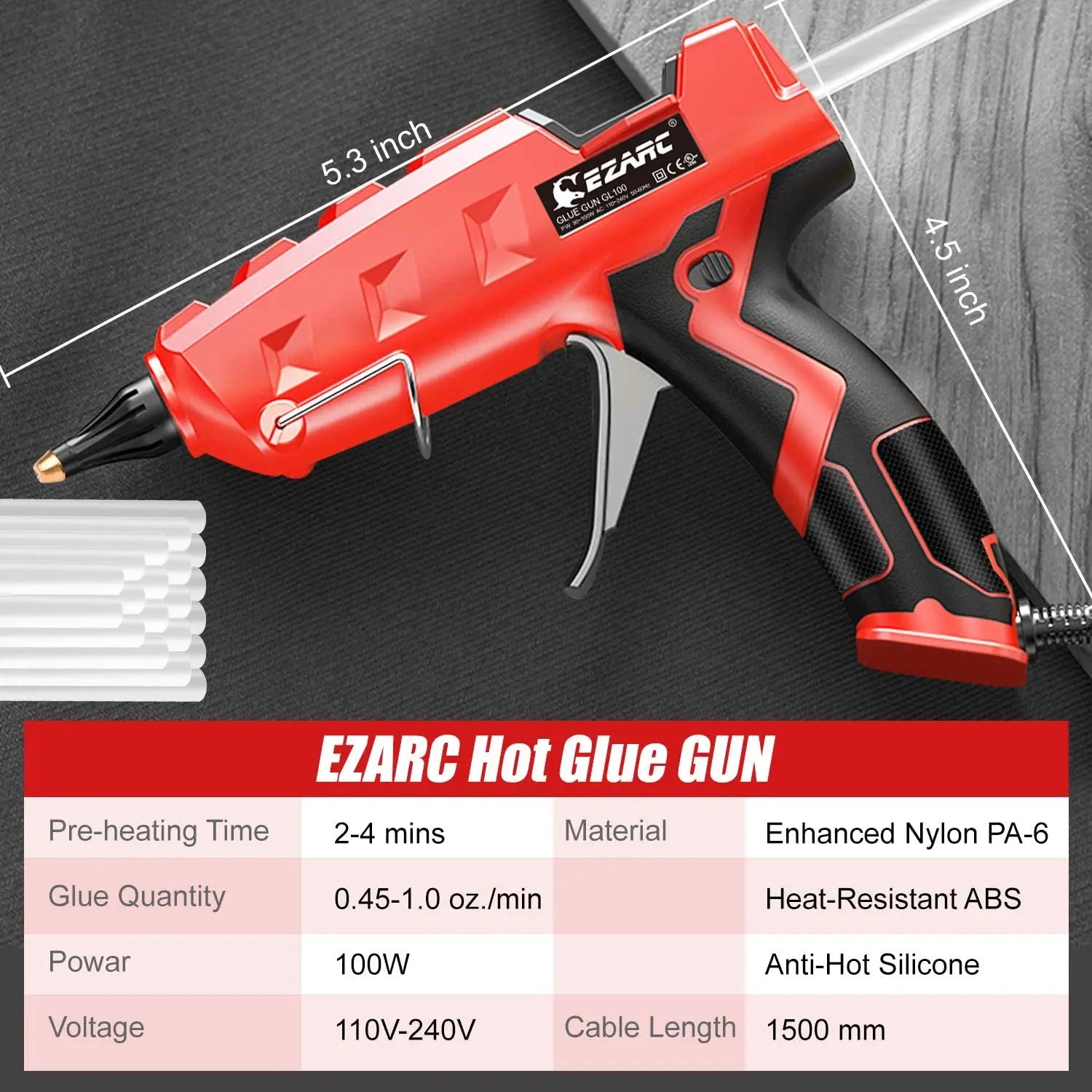 EZARC 100W Hot Melt Glue Gun DIY Household Industrial Glue Guns with 20pcs Glue Sticks, for DIY, Sealing, Arts & Crafts Projects