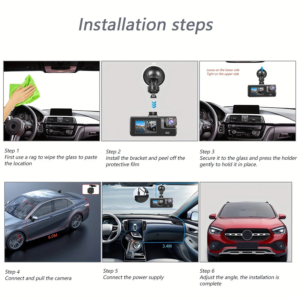 3Lens Dash Cam for Cars 2" Car DVR 1080P Video Recorder Front Rear View Camera for Vehicle Night Vision Black Box Car Assecorie