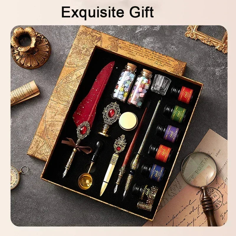 European Style Quill Pens Set with Ink New Retro Dipping Quill Pen Wholesale Lacquer Seal Student Dip Pencil Feather Pen Gifts