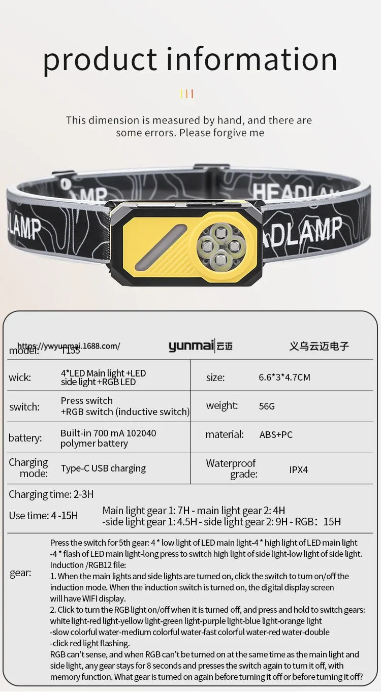 LED Induction Headlight, Can Be Used As Portable Running Light with Cap Clip RGB Ambient Light, Multi-light Source