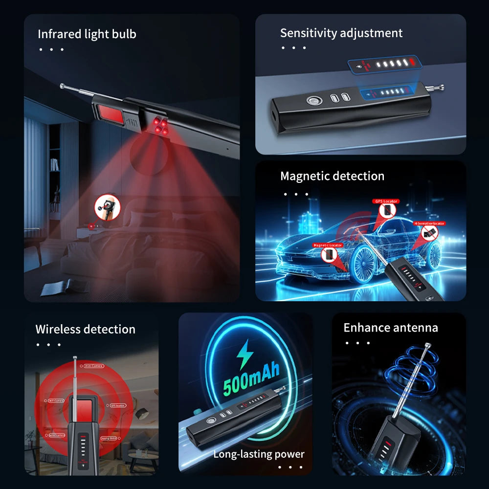 T011 Hidden Devices Detector Hotel Anti Candid Camera Detector Hunter GPS Bug Mini Camera RF Signal Scanner Camera Finder