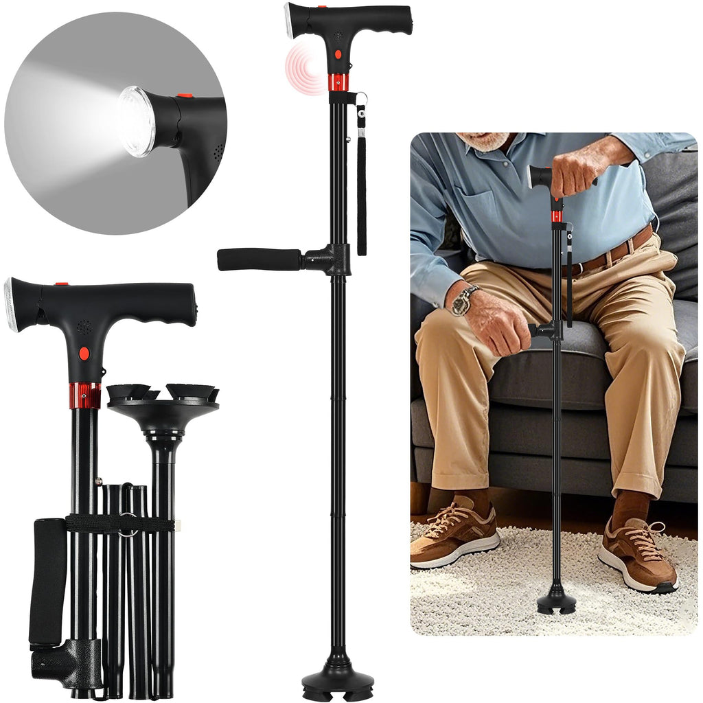 Walking Cane with LightFolding Walking Cane with Dual Handles Folding Cane with Alarm Adjustable HeightCanes for MenLightweight Aluminum Support for Seniors