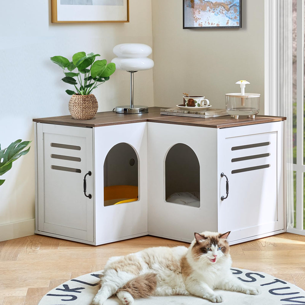 JanflyHome Corner Litter Box Enclosure for 2 Cats Hidden Litter Box Furniture Litter Box Cabinet with Double Room Indoor Cat House End Table 31.5 x 17.7 x 19.7 in White